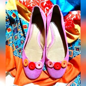 Pink and Red Button-Embellished Suede Women's Ballet Flats Size 9